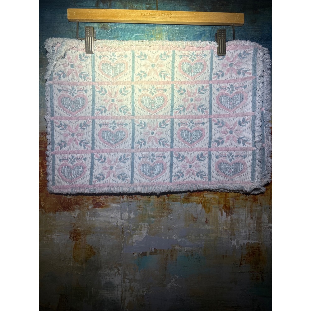 (2) Vintage Woven Heart Floral Tapestry Place Mat Fringed Pastel Pink Blue White